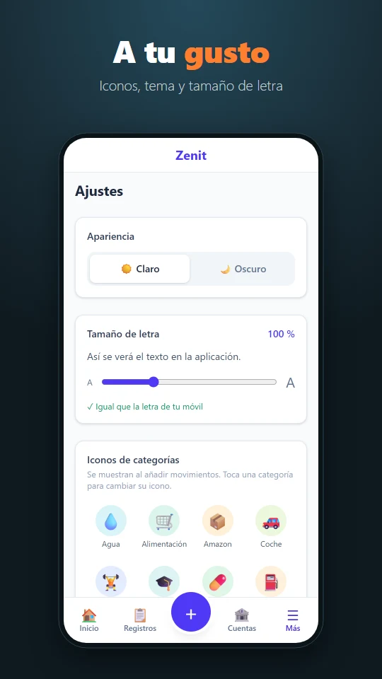 Ajustes: tema, tamaño de letra e iconos de categorías
