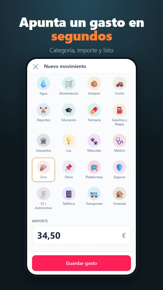 Alta rápida de un gasto con categorías, importe y día