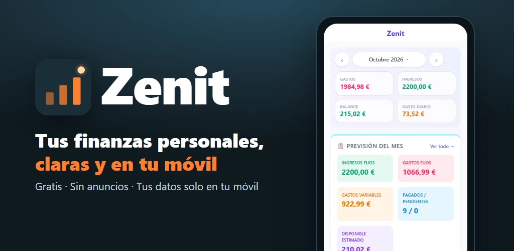 Zenit para Android: tus finanzas personales, claras y en tu móvil. Gratis, sin anuncios y con tus datos solo en tu móvil