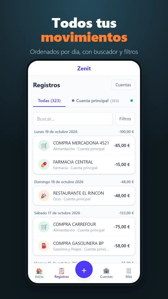 Movimientos ordenados por día, con buscador y filtros